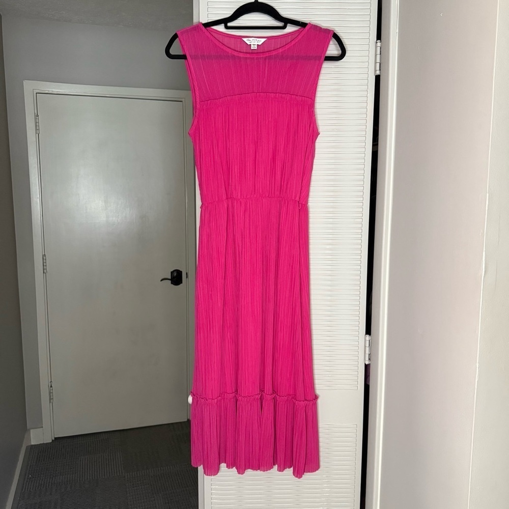 Miss Selfridge Pink Sleeveless Flowy Midi Dress Mesh Neckline